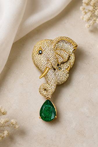 Mother & baby elephant designer brooch pin with green pear-cut stone luxury animal brooch for unisex