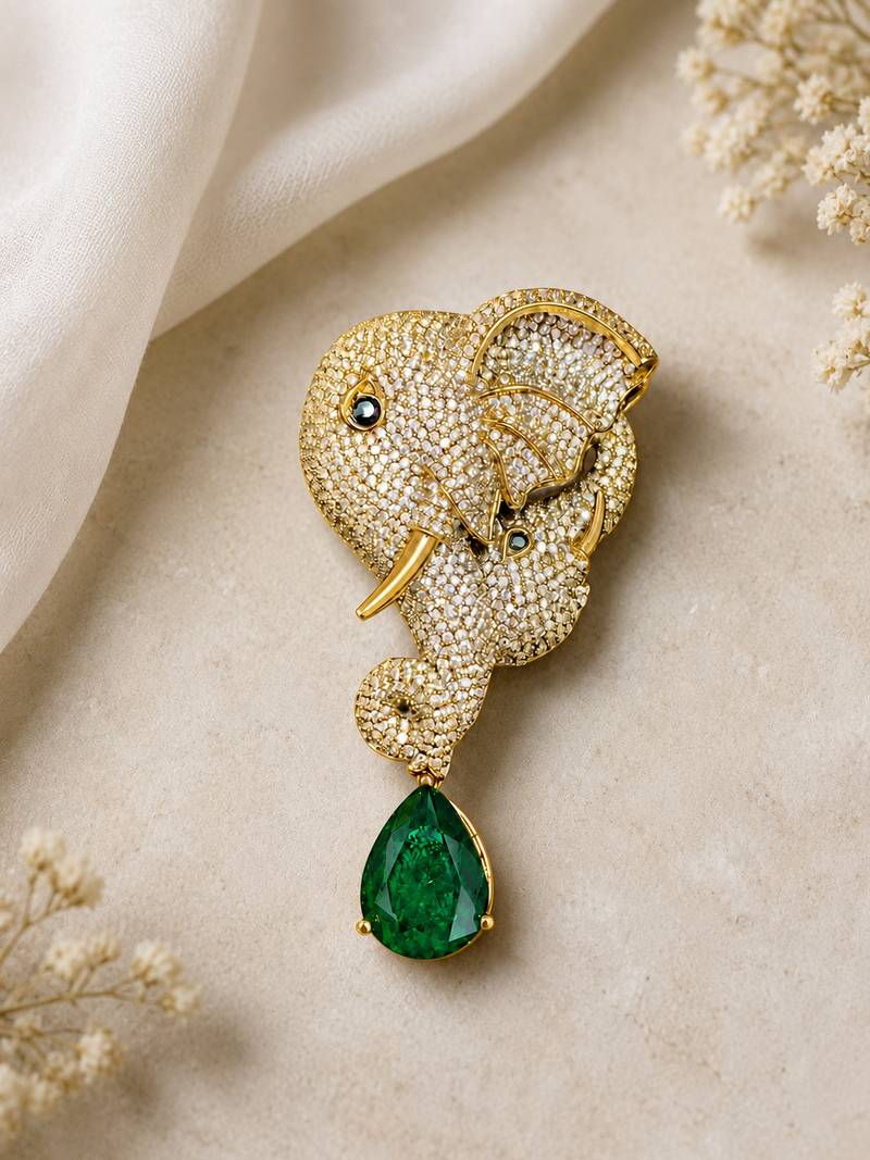 Mother & baby elephant designer brooch pin with green pear-cut stone luxury animal brooch for unisex