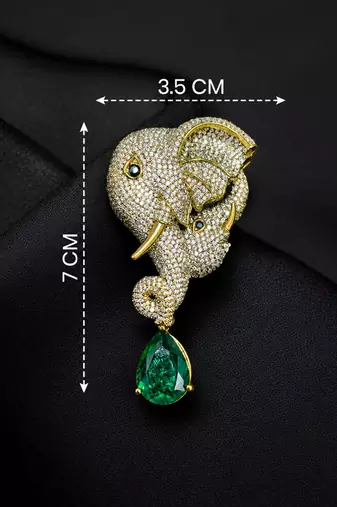 Mother & baby elephant designer brooch pin with green pear-cut stone luxury animal brooch for unisex