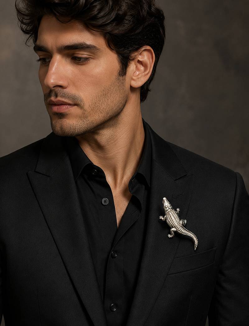 Silver plated crocodile designer brooch pin | textured animal statement lapel brooch for men