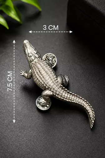 Silver plated crocodile designer brooch pin | textured animal statement lapel brooch for men