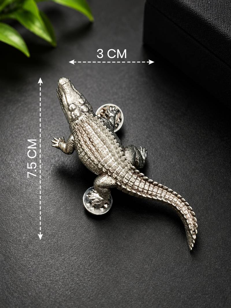 Silver plated crocodile designer brooch pin | textured animal statement lapel brooch for men