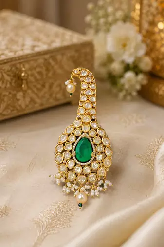 Kundan designer kalgi brooch pin with emerald green pear stone & pearl drops royal safa turban brooch for men