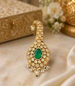 Kundan designer kalgi brooch pin with emerald green pear stone & pearl drops royal safa turban brooch for men