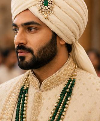 Kundan designer kalgi brooch pin with emerald green pear stone & pearl drops royal safa turban brooch for men 2