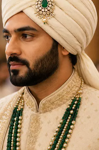 Kundan designer kalgi brooch pin with emerald green pear stone & pearl drops royal safa turban brooch for men