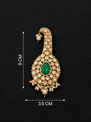 Kundan designer kalgi brooch pin with emerald green pear stone & pearl drops royal safa turban brooch for men 3
