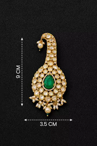 Kundan designer kalgi brooch pin with emerald green pear stone & pearl drops royal safa turban brooch for men