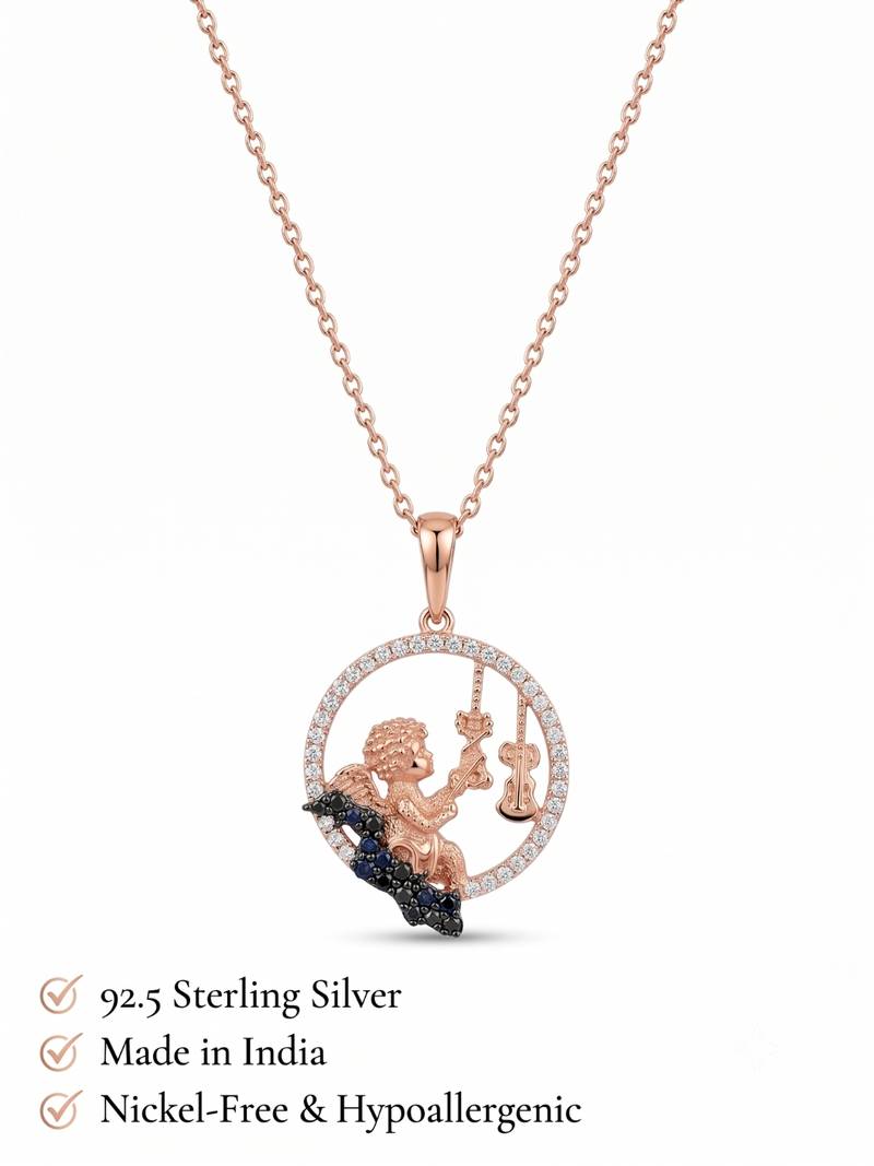 925 Sterling Silver  Rose Gold Angel Violin Pendant Necklace Set  for Women