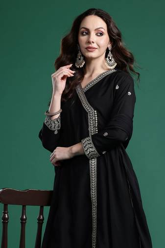 Ethnic Motifs Embroidered Angrakha Kurta with Trousers & Dupatta