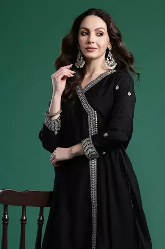 Ethnic Motifs Embroidered Angrakha Kurta with Trousers & Dupatta