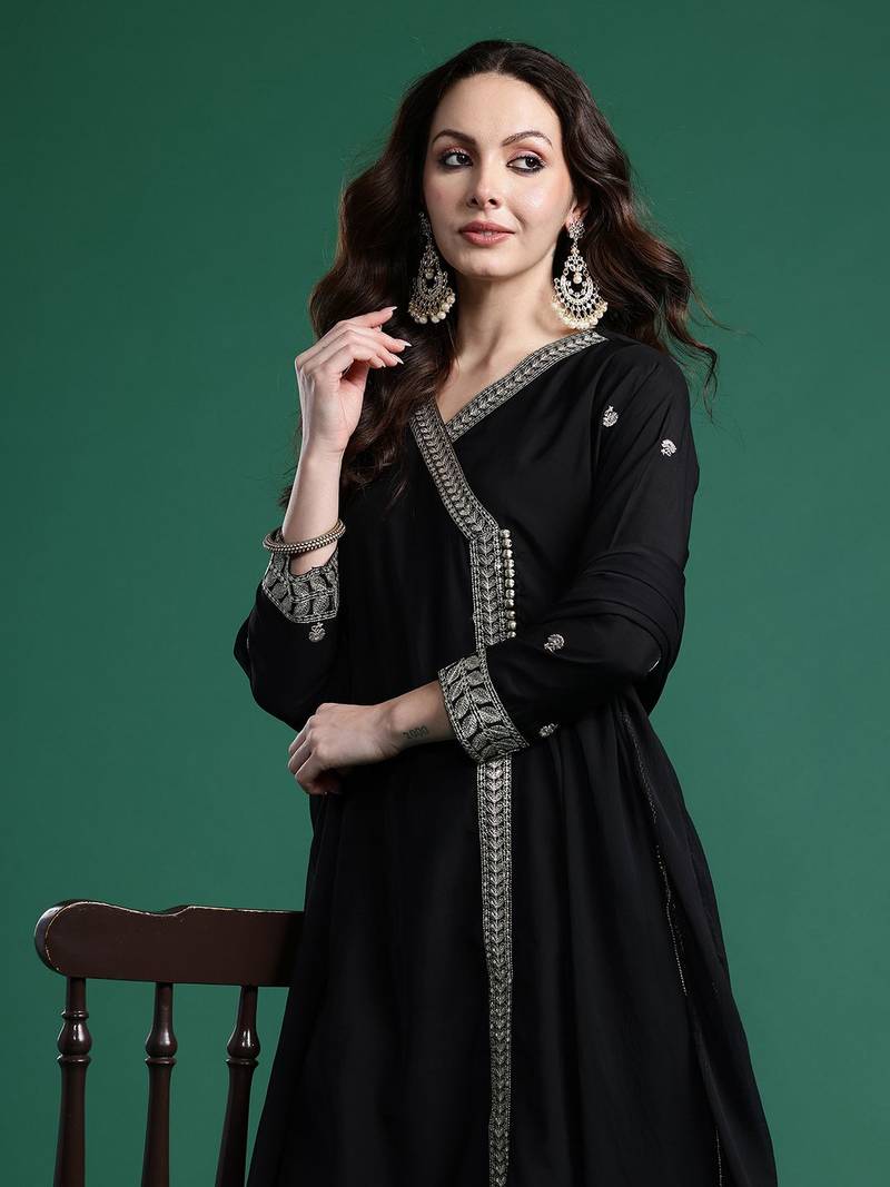 Ethnic Motifs Embroidered Angrakha Kurta with Trousers & Dupatta