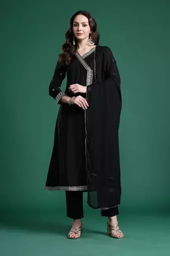 Ethnic Motifs Embroidered Angrakha Kurta with Trousers & Dupatta