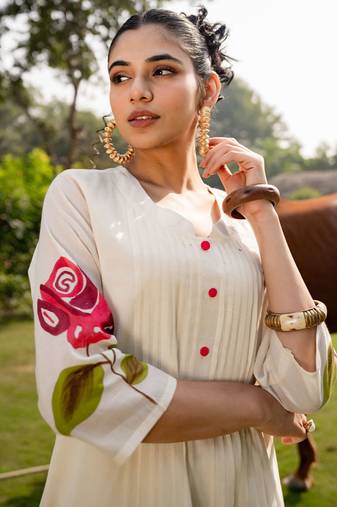 Floral Printed Mandarin Collar Pure Cotton A-Line Kurta With Trouser