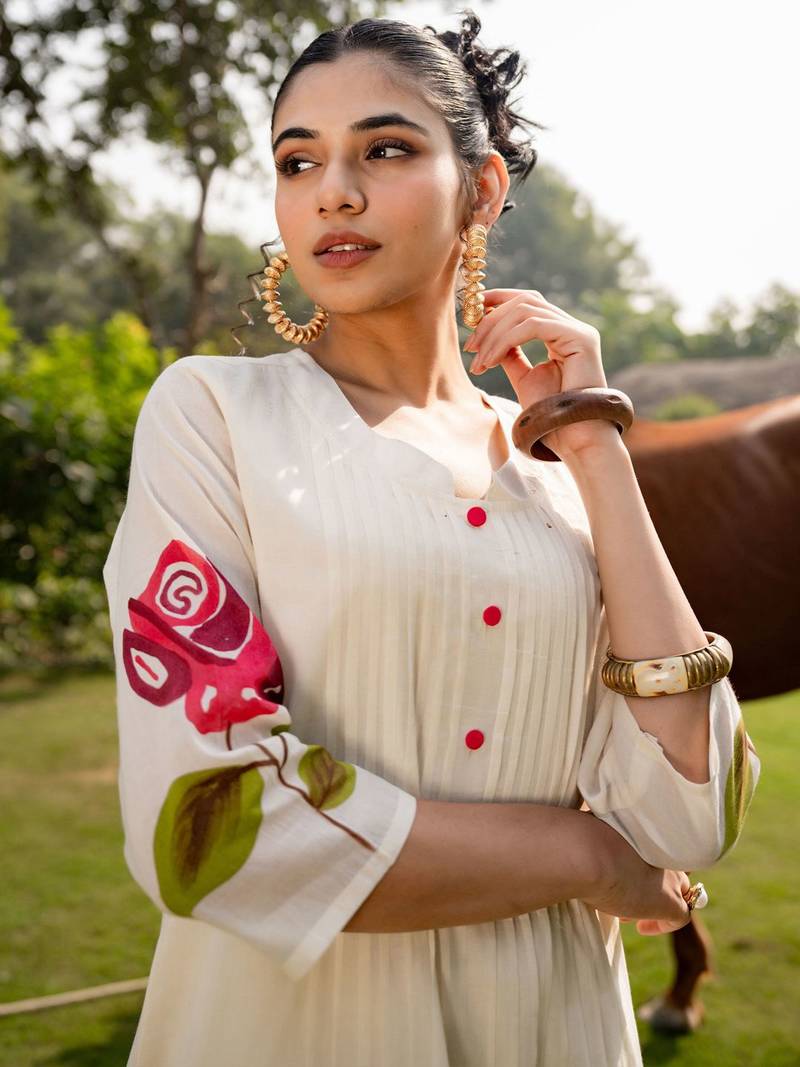 Floral Printed Mandarin Collar Pure Cotton A-Line Kurta With Trouser