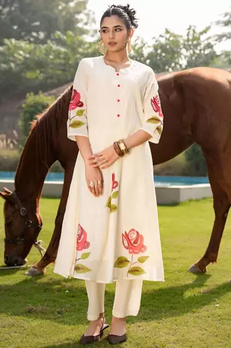 Floral Printed Mandarin Collar Pure Cotton A-Line Kurta With Trouser