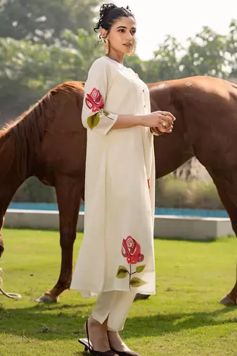 Floral Printed Mandarin Collar Pure Cotton A-Line Kurta With Trouser