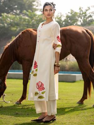 Floral Printed Mandarin Collar Pure Cotton A-Line Kurta With Trouser 5