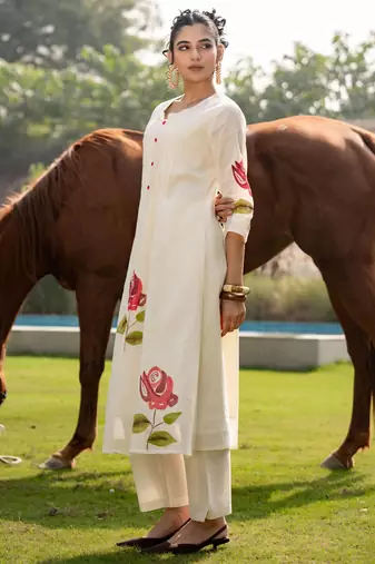 Floral Printed Mandarin Collar Pure Cotton A-Line Kurta With Trouser