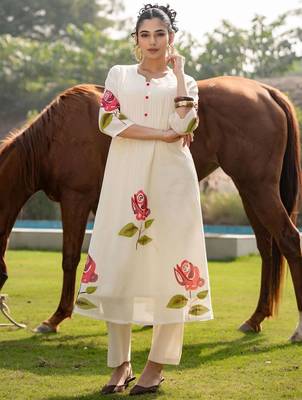 Floral Printed Mandarin Collar Pure Cotton A-Line Kurta With Trouser 6