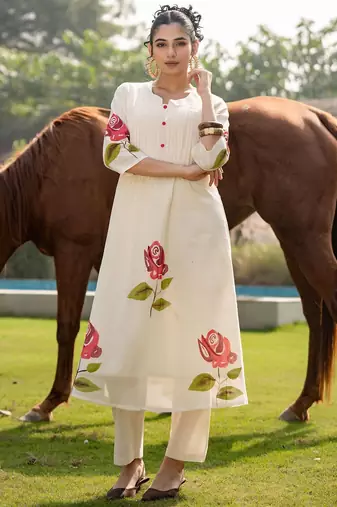 Floral Printed Mandarin Collar Pure Cotton A-Line Kurta With Trouser