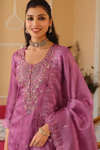 Women Ethnic Motifs Embroidered Panelled Beads and Stones Kurta with Trousers & With Dupatta