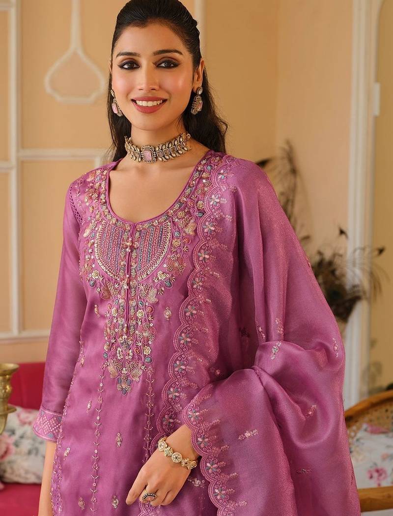 Women Ethnic Motifs Embroidered Panelled Beads and Stones Kurta with Trousers & With Dupatta
