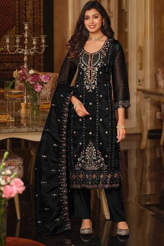 Women Ethnic Motifs Embroidered Regular Sequinned Kurta with Trousers & With Dupatta