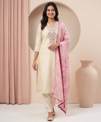 Embroidery Silk Fabric Straight Kurta Pant and Dupatta Set 1