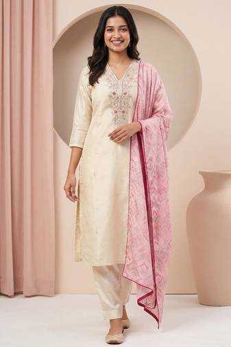 Embroidery Silk Fabric Straight Kurta Pant and Dupatta Set