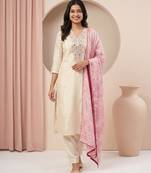 Embroidery Silk Fabric Straight Kurta Pant and Dupatta Set