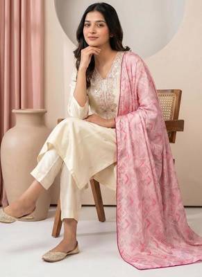 Embroidery Silk Fabric Straight Kurta Pant and Dupatta Set 3