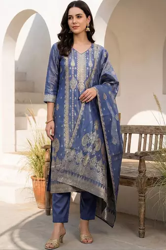 Women Ethnic Motifs Regular Liva Kurta with Trousers & With Dupatta