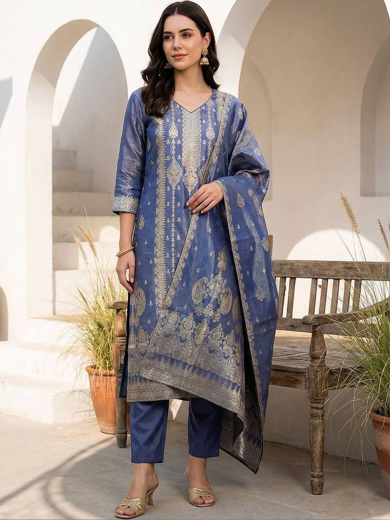Women Ethnic Motifs Regular Liva Kurta with Trousers & With Dupatta
