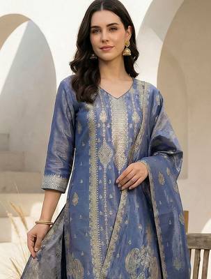 Women Ethnic Motifs Regular Liva Kurta with Trousers & With Dupatta 2
