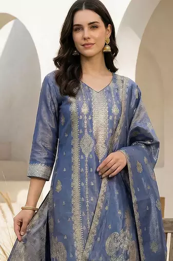Women Ethnic Motifs Regular Liva Kurta with Trousers & With Dupatta
