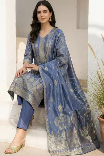 Women Ethnic Motifs Regular Liva Kurta with Trousers & With Dupatta