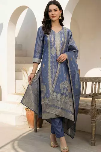 Women Ethnic Motifs Regular Liva Kurta with Trousers & With Dupatta