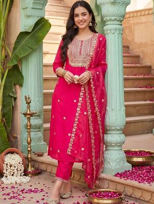 Women Ethnic Motifs Embroidered Regular Kurta with Trousers & With Dupatta 6