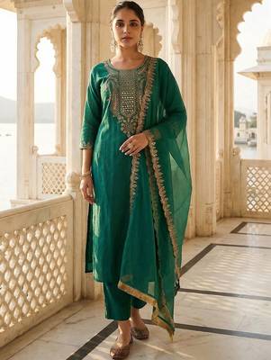 Women Ethnic Motifs Embroidered Regular Liva Kurta with Trousers & With Dupatta 1