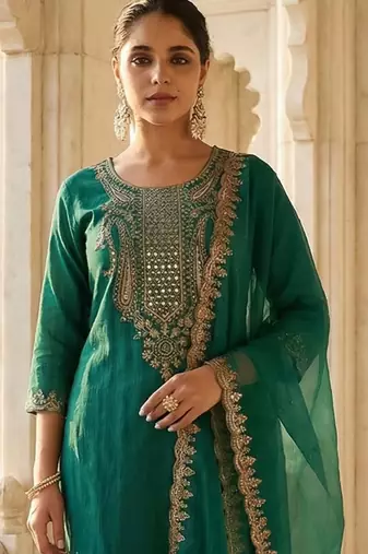 Women Ethnic Motifs Embroidered Regular Liva Kurta with Trousers & With Dupatta