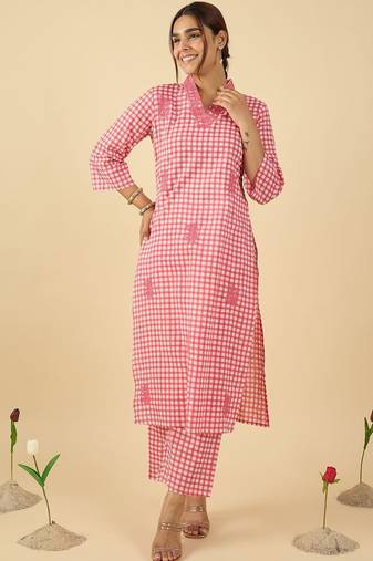 Women Checked Regular Thread Work Pure Cotton Kurta With Trousers