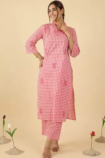 Women Checked Regular Thread Work Pure Cotton Kurta With Trousers