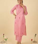Women Checked Regular Thread Work Pure Cotton Kurta With Trousers