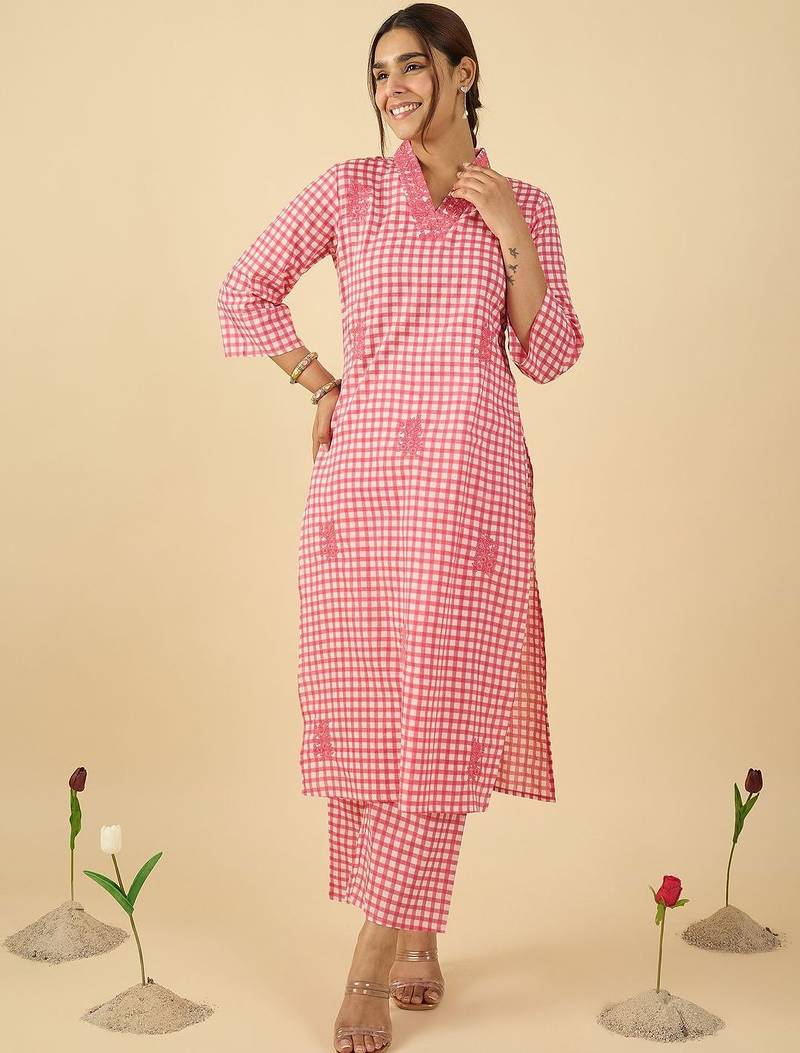 Women Checked Regular Thread Work Pure Cotton Kurta With Trousers