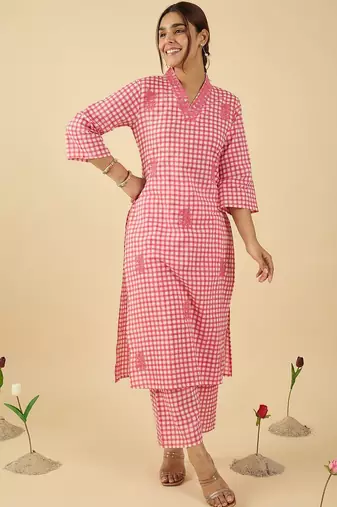 Women Checked Regular Thread Work Pure Cotton Kurta With Trousers