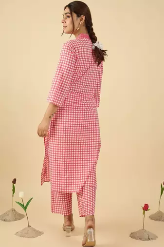 Women Checked Regular Thread Work Pure Cotton Kurta With Trousers