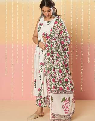 Floral Printed Anarkali Pure Cotton Kurta With Palazzos & Dupatta 1