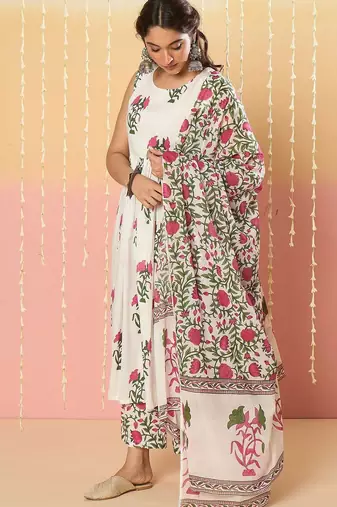 Floral Printed Anarkali Pure Cotton Kurta With Palazzos & Dupatta