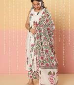 Floral Printed Anarkali Pure Cotton Kurta With Palazzos & Dupatta